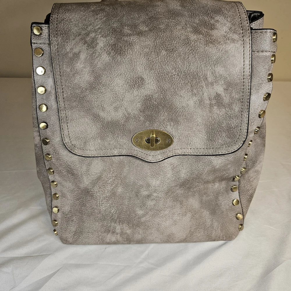 Taupe Faux Suede Studded‎ Flap Backpack